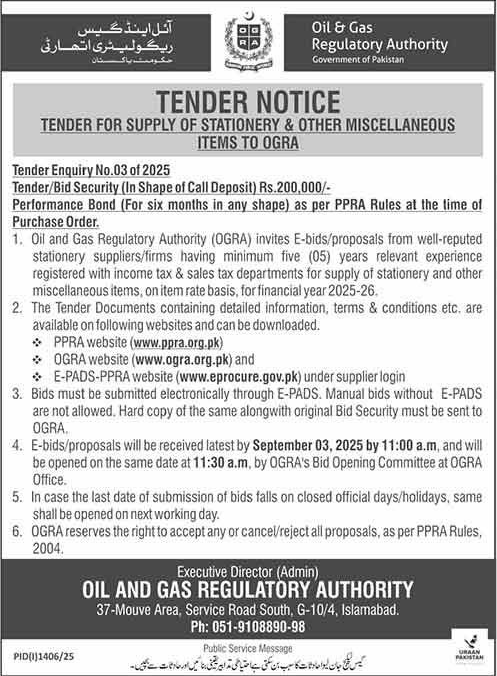 Oil & Gas Regulatory Authority Islamabad Tender Notice